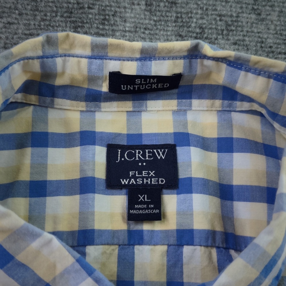 J Crew Flex Washed Shirt XL Slim Untucked Blue Yellow‎ Check Long Sleeve Button - Picture 3 of 8